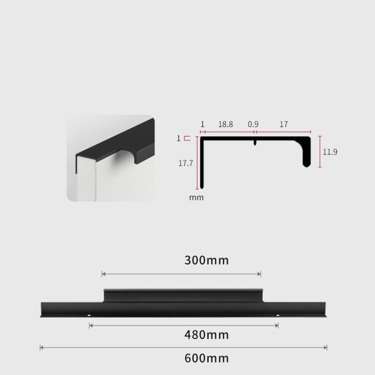 Długi czarny matowy uchwyt meblowy Bonito, rozstaw 480 mm do pojemnych frontów
