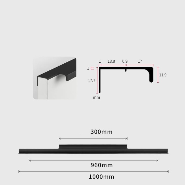 Möbelgriff Bonito – aufliegender Aluminiumgriff mit Frontmontage in Schwarz oder Champagnergold. Größen 160, 192, 256, 480 und 960 mm. Ideal für Küche, Schränke, Schubladen und Garderobe – egriffe.at
