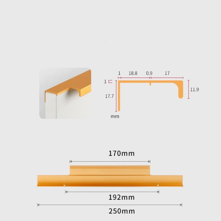 Möbelgriff Bonito – aufliegender Aluminiumgriff mit Frontmontage in Schwarz oder Champagnergold. Größen 160, 192, 256, 480 und 960 mm. Ideal für Küche, Schränke, Schubladen und Garderobe – egriffe.at