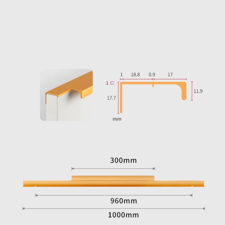 Möbelgriff Bonito – aufliegender Aluminiumgriff mit Frontmontage in Schwarz oder Champagnergold. Größen 160, 192, 256, 480 und 960 mm. Ideal für Küche, Schränke, Schubladen und Garderobe – egriffe.at