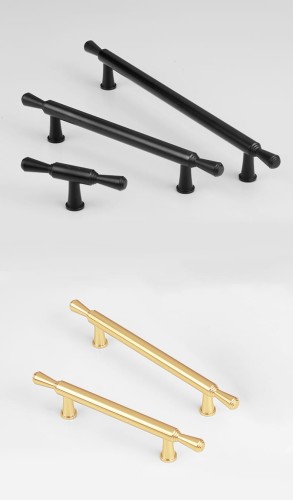 Möbelgriff Grava – T-Bar-Griff in Mattschwarz oder glänzendem Gold, erhältlich als Knopf sowie in 96, 128 und 192 mm. Ideal für Küchenschränke, Kommoden und Garderoben – egriffe.at