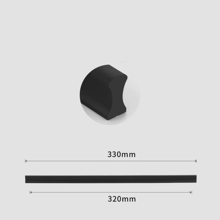 Möbelgriff Fava – mattschwarzer, pulverbeschichteter Aluminiumgriff im modernen Loft-Stil. Längen 96–960 mm, ideal für Küchenfronten, Badmöbel, Schränke und Schubladen – egriffe.at