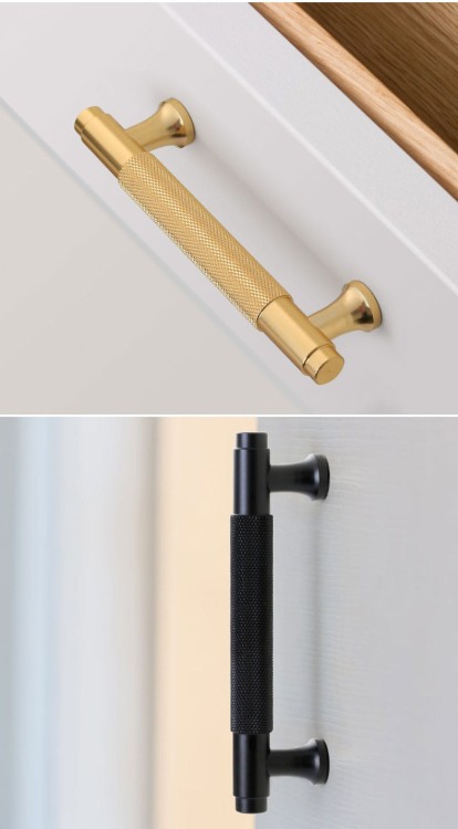 Uchwyt meblowy Montana czarny / złoty – radełkowany T-Bar industrialny 128 mm / 160 mm – sklep euchwyty.pl