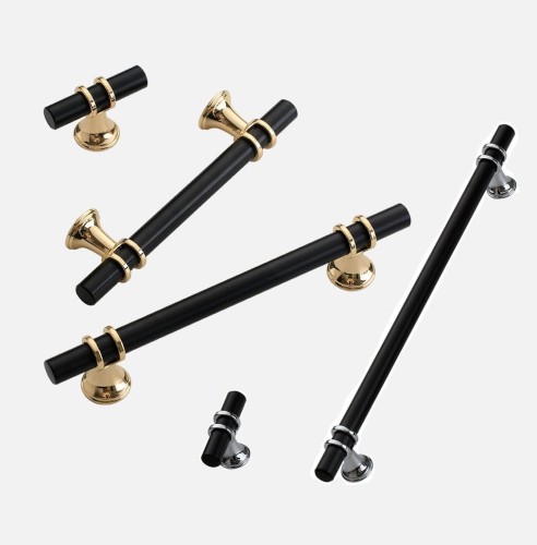 Uchwyt meblowy Pina – elegancki T-Bar z dekoracyjnymi wspornikami w zestawieniu czerni ze złotem lub chromem, dostępny jako gałka i w rozmiarach 96 / 128 / 160 mm, idealny do szaf, komód i drzwi przesuwnych – sklep euchwyty.pl