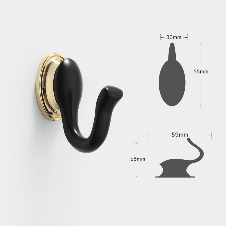 Wandhaken Tunas mit designerischer, geschwungener Form. Robust, feuchtigkeitsbeständig und leicht zu montieren, Schrauben im Set. Ideal für Bad, Küche, Garderobe und Büro. Farben: Metallicgrau, Gold und Schwarz-Gold.