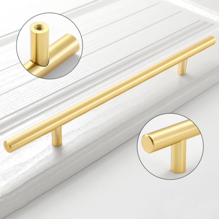 Möbelgriff Alma – schlichter zylindrischer T-Bar-Griff in Gold, Champagnergold oder Schwarz, passend für moderne und klassische Interieurs. Viele Größen für Kommoden, Schränke, Garderoben und Badmöbel.