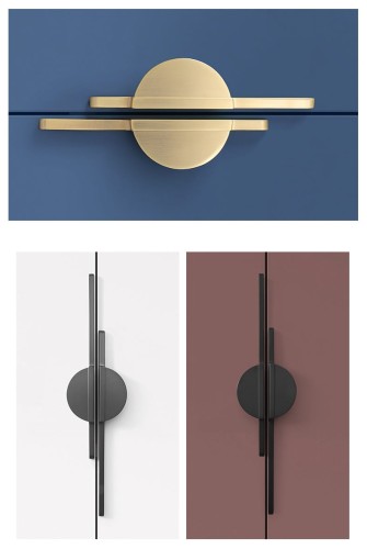 Möbelgriff Tusa – dekorativer Frontmontage-Griff. Geometrische Form aus Kreis und vertikaler Leiste als markanter Akzent für Schränke und Vitrinen. Farben: Perlgrau, Perlschwarz und gebürstetes Gold.