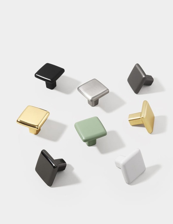 Möbelgriff Tinaja – moderner minimalistischer Griff als Knopf oder Leiste in 128 und 320 mm. Sieben trendige Farben von Weiß und Schwarz bis Gold und Grau. Ideal für Küche, Bad, Schränke und Kommoden.