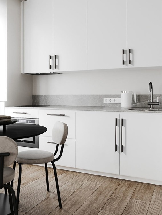 Möbelgriff Pomo – moderner länglicher Griff für Küchenmöbel, Schränke und Schubladen. Farben: Schwarz, Champagnergold und Grau. Größen: Knopf, 192, 320 und 800 mm.