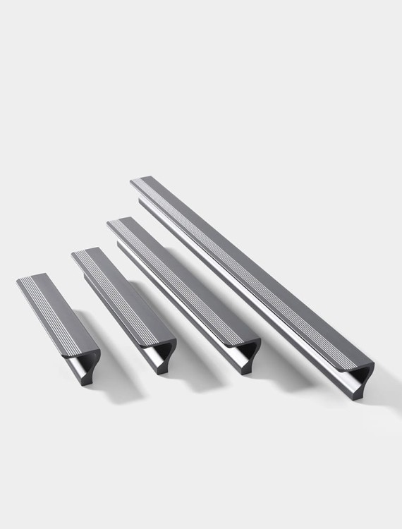 Möbelgriff Morro aus Aluminium in Mattschwarz, Grau und Champagnergold. Größen 96, 128, 192 und 320 mm. Moderner, loftiger, industrieller und minimalistischer Stil – für Küche, Bad, Schränke und Kommoden.