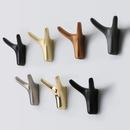 Wandhaken Tesia verbindet Funktionalität und Ästhetik – ideal für Flur, Bad, Küche, Garderobe und Büro. Farben: gebürstetes Braun, Dunkelbraun, Nickel, Perlgrau, Gold, gebürstetes Gold und Schwarz.