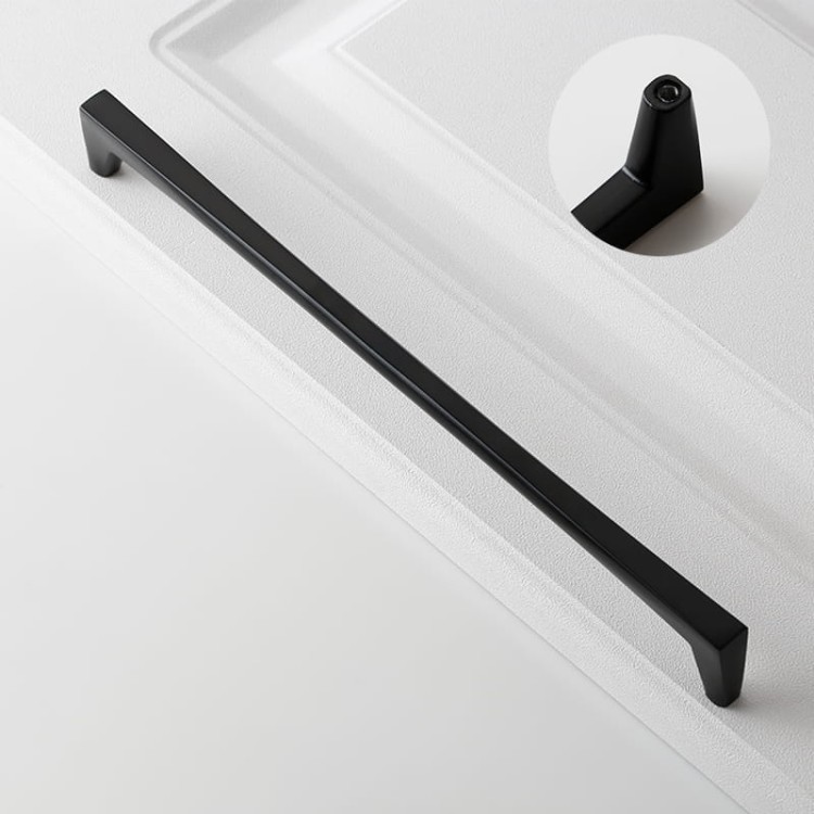 Möbelgriff Mela – moderner, klassischer und minimalistischer Griff in Schwarz, gebürstetem Gold, gebürstetem Nickel und Perlgrau. Größen 128–256 mm, ideal für Küchen- und Badmöbel, Garderoben und Kommoden.