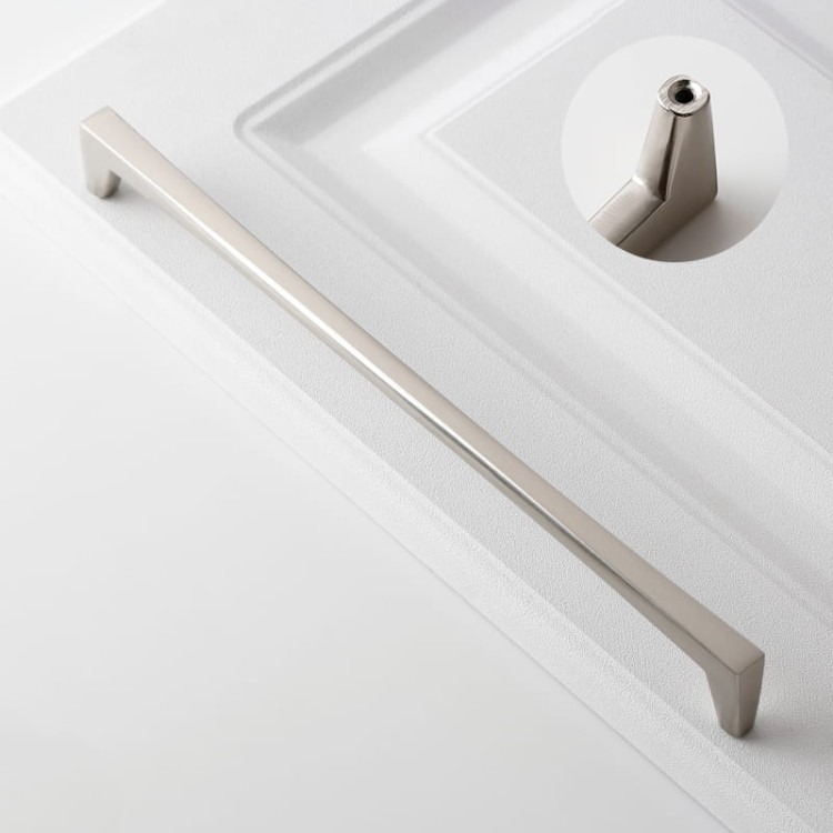 Möbelgriff Mela – moderner, klassischer und minimalistischer Griff in Schwarz, gebürstetem Gold, gebürstetem Nickel und Perlgrau. Größen 128–256 mm, ideal für Küchen- und Badmöbel, Garderoben und Kommoden.