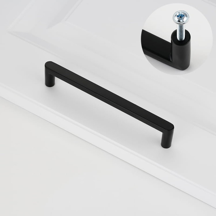Möbelgriff Vega – moderner minimalistischer Griff in Schwarz, gebürstetem Gold, gebürstetem Nickel und Perlgrau. Größen 128–256 mm, ideal für Küche, Kommoden, Schränke, Garderobe und Bad.