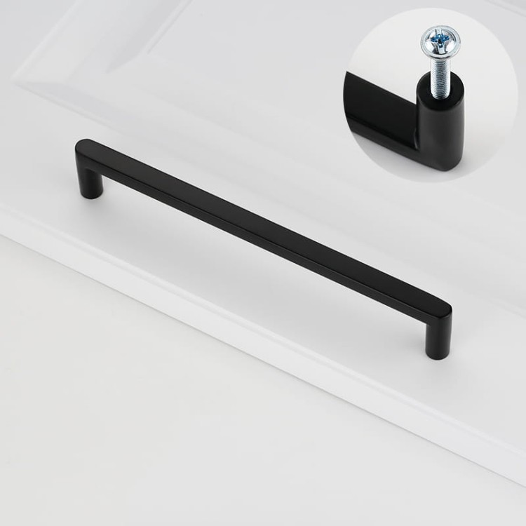 Möbelgriff Vega – moderner minimalistischer Griff in Schwarz, gebürstetem Gold, gebürstetem Nickel und Perlgrau. Größen 128–256 mm, ideal für Küche, Kommoden, Schränke, Garderobe und Bad.