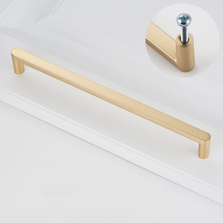 Möbelgriff Vega – moderner minimalistischer Griff in Schwarz, gebürstetem Gold, gebürstetem Nickel und Perlgrau. Größen 128–256 mm, ideal für Küche, Kommoden, Schränke, Garderobe und Bad.